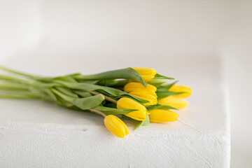 Yellow tulips on a light background. Bouquet of spring flowers. Selective focus. copy space.