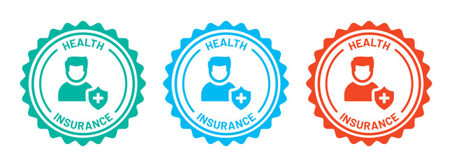 Health Insurance on seal badge design. Man with insurance shield icon set.