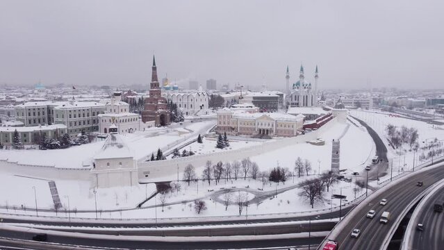View from the height of the copter of the Kazan Kremlin on a snowy winter day. 
