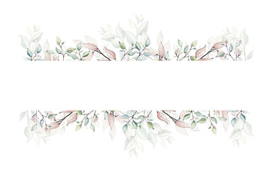 Watercolor painted floral frame. Arrangement with branches and leaves. Vector border