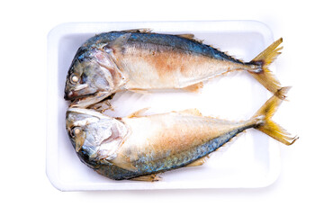 Steamed mackerel on white background.  