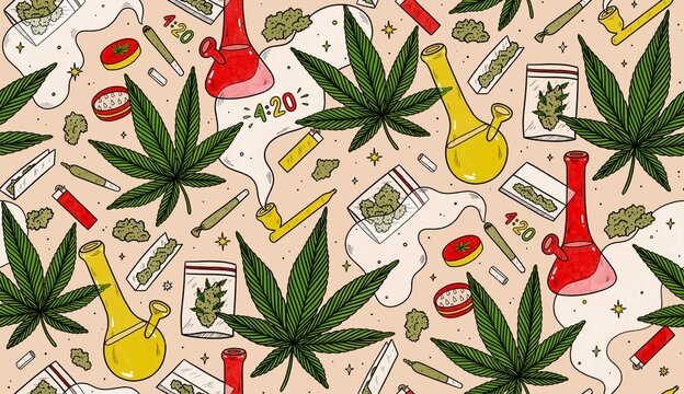 Seamless doodle pattern with cannabis leaves,  buds and joints. Weed background. 