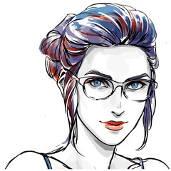 Fashion illustration, woman portrait in glasses spectacles, using cosmetic, optics salon