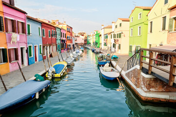 A Canal on Burano Island in Venice, Italy.
