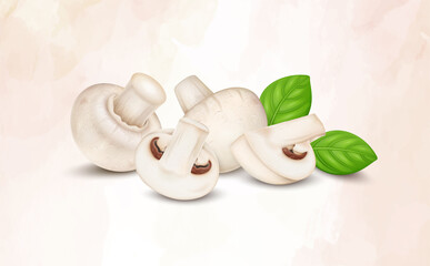 Mushroom vegetable slices and pieces vector illustration with basil leaves