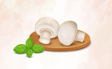 Two fresh mushrooms champignons vector illustration with round wooden chopping board and basil leaves