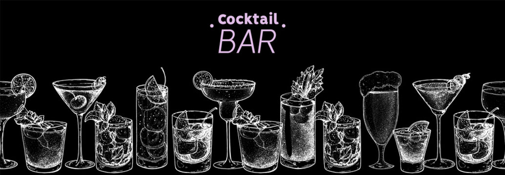 Alcoholic cocktails hand drawn vector illustration. Cocktails set. Bar menu design elements. Hand drawn sketch collection. Horizontal seamless background.