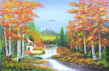 Small Cabin by gentle waterfall in autumn forest