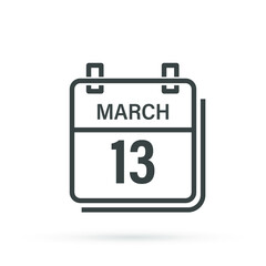 March 13, Calendar icon with shadow. Day, month. Flat vector illustration.