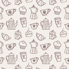 Seamless pattern with with a cup of coffee, croissant, geyser coffee maker, cake, kettle. Baking doodle background. Hand-drawn in a graphic style.  Vector illustration in sketch style. 