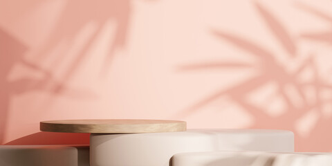 stone podium with rounded wood on earth tone colour background for product presentation. Natural beauty pedestal, relaxation and health, 3d illustration