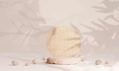 stone podium with rounded wood on earth tone colour background for product presentation. Natural beauty pedestal, relaxation and health, 3d illustration