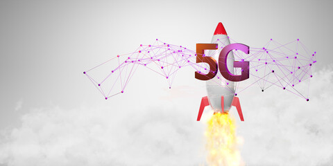 Obraz premium 5G high-speed Internet concept, 5G network wireless technology on city background, 3d rendering.