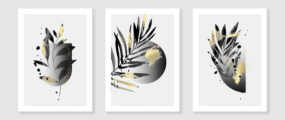 Set of abstract wall art template. Elegant design with tropical eucalyptus leaves and shapes in black gradient. Golden texture design for wall decoration, interior, prints, cover, and postcard. © TWINS DESIGN STUDIO