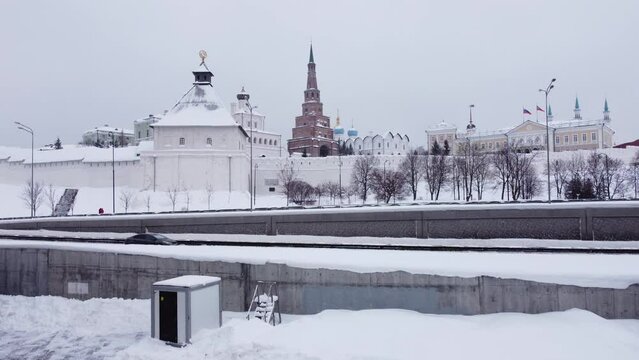 View from the height of the copter of the Kazan Kremlin on a snowy winter day. 