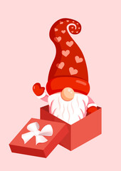 Illustration of a romantic gnome in a gift box for banner, postcard, textiles, decor. Scandinavian nordic gnome, cute elf for valentine's day.