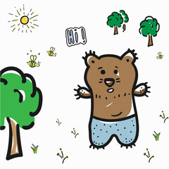 Bear and bee hand drawn sketch. Child drawing illustration.