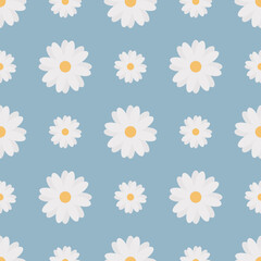Camomiles. Delicate white flowers. Repeating vector pattern. Isolated blue background. White daisies. Seamless summer ornament. Delicate floral background. Flat style. Flowering plant. 