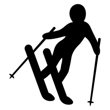 Freestyle. Ski cross discipline. Silhouette. The athlete descends from the mountain slope. Athlete in goggles and helmet holding ski poles. Vector icon. Isolated background. Idea for web design.