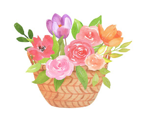 Watercolor Wicker Basket With pink Flower Bouquet. Spring hand drawn bouquet with wildflowers isolated on white background.