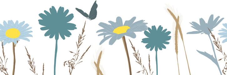 Border with illustrations of chamomile leaves and flowers.Chamomile border. Use for background, scrapbooking, textiles, paper, cards, and more.