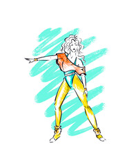 One woman in sportswear and pose of retro 80s aerobics, fashion sketch color illustration on neon background - 488743864