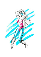 One woman in sportswear and pose of retro 80s aerobics, fashion sketch color illustration on neon background