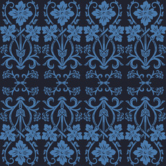 Seamless pattern in black ang blue, vintage Victorian floral ornament of field flowers, scrolls and swirls