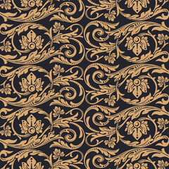 Seamless pattern in black ang gold yellow, vintage Victorian floral ornament of flowers, scrolls and swirls