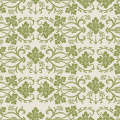 Seamless pattern in ivory ang green, vintage Victorian floral ornament of wild flowers, scrolls and swirls