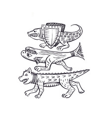 Medieval art of animals and beasts - middle ages style illustration of crocodiles and alligators