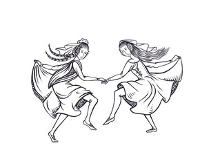 Medieval art of two middle ages women dancing, dark ages holiday festival dancers ladies couple - 488743897