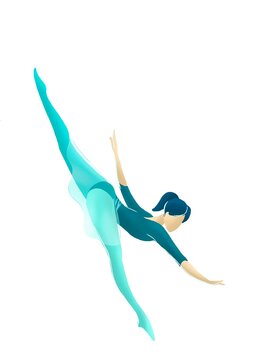 Illustration of one woman ballet dancer in penche position jump on pointe shoes