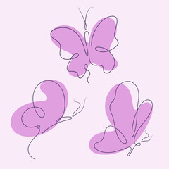 Set of butterfly logos in a minimalist one line drawing style. Vector icons of butterfly for logo, card, banner, poster flyer. Abstraction of butterflies in a continuous single-line drawing.