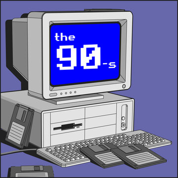 Vector cartoon style illustration of a retro personal computer for home or office. Several floppy disks around. The 90-s inscription on the blue screen. Nineties vibes. Very peri colored background