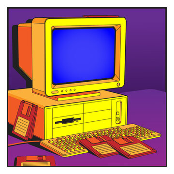 Vector comic book frame style ilustration of retro computer, keyboard and several floppy disks. Bright colors, the spirit of the nineties, old good days vibe. 