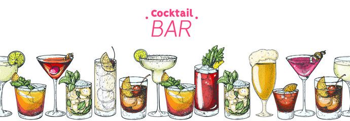 Alcoholic cocktails hand drawn vector illustration. Cocktails set. Bar menu design elements. Hand drawn collection. Horizontal seamless illustration. - obrazy, fototapety, plakaty