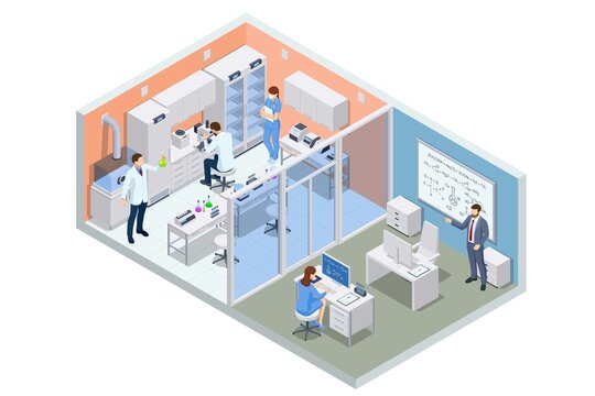 Isometric chemical laboratory concept. Laboratory assistants work in scientific medical chemical or biological lab setting experiments. Laboratory diagnostic