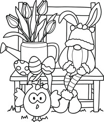 Gnome with bunny ears sitting next to a watering can, easter eggs, little chicken, tulip flower,  cute illustration for kids coloring book