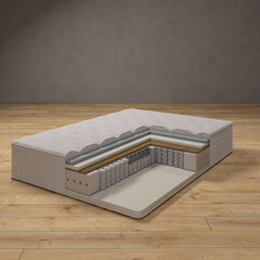 Mattress structure. constructive 3d rendering. 3d picture. In the interior on a wooden floor. - 488746219