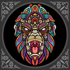 Colorful gorilla head zentangle arts, isolated on black background