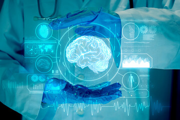 Doctor checking brain testing result, analysis with modern virtual interface in laboratory
