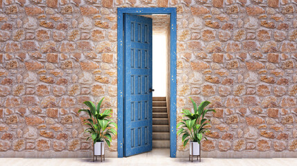3d render of a blue door open on a stone brick wall, 3d open door with stair and plantes