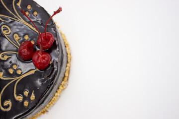 Chocolate cake with Santa on white background