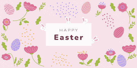 Happy Easter banner. Holiday concept for greeting card, banner, poster, flyer, web. Easter eggs, rabbits, spring flowers, background. Hand drawing vector illustration