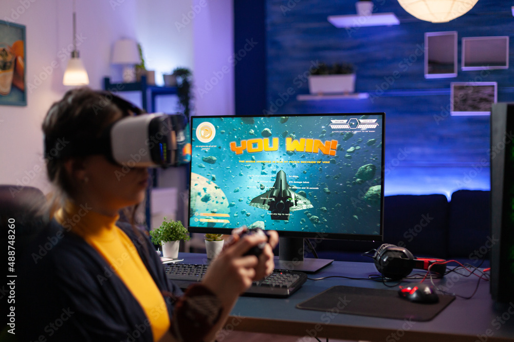 Aufkleber person playing video games with vr glasses on computer. gamer using virtual reality headset and cont