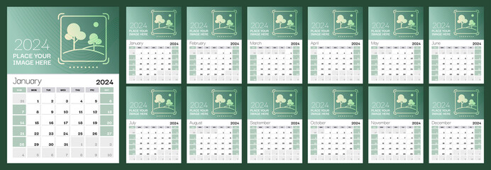 Set of 12 vertical calendar pages for 2024 in green shades with place for photo. Vector design template. Week starts on Sunday.