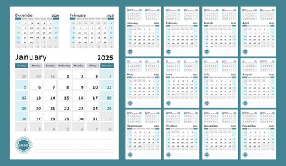 Set of 12 vertical quarterly calendar pages for 2025 in blue shades. Vector design template. Week starts on Sunday.