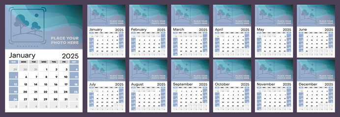 Set of 12 vertical calendar pages for 2025 in blue shades with place for photo. Vector design template. Week starts on Sunday.