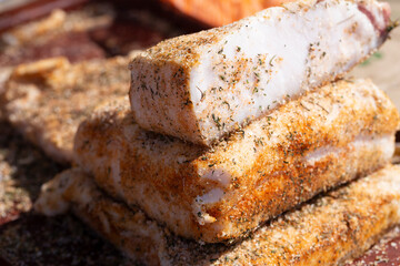 Natural Pork lard. Meat products from pigs.